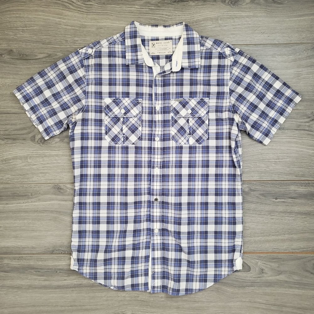 Marc Ecko Casual Button Down Short Sleeve  Shirt Blue/White/Grey Size Medium